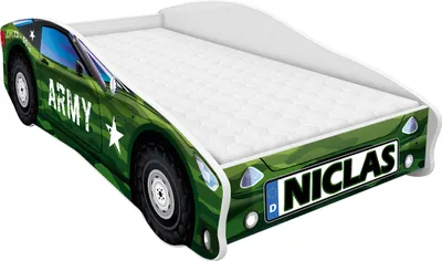 A children's bed designed to look like a green army car.