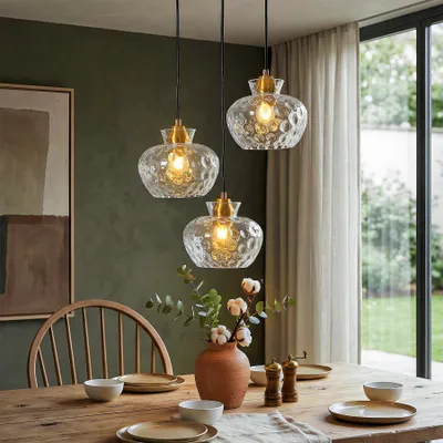 Produktbild von Tribesigns Pendelleuchte 3 Flammig, Vintage Hängelampe mit Wasserriffel Glas, Höhenverstellbare Hängeleuchte Esstisch, E27 Glas Pendelleuchte