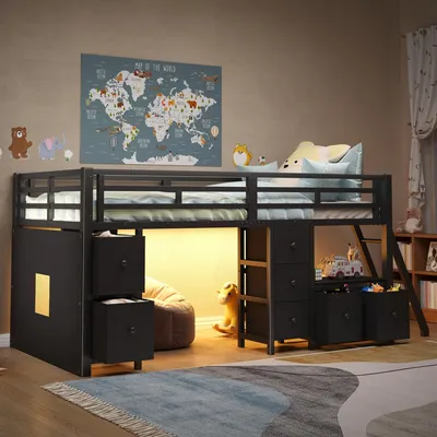 Produktbild von Halbhohes Bett (90 x 200 cm) mit 7 Schubladen und LED-Beleuchtung, Schwarz
