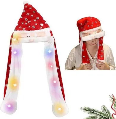 Produktbild von Unyqoos® Weihnachtsmütze – rote Plüsch-Mütze mit LED, drückbaren Pfoten und beweglichem Bart, Uni für Kinder & Erwachsene