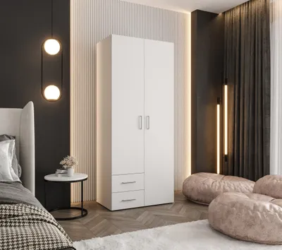 Produktbild von Kleiderschrank Weiß 80 cm – Drehtürenschrank 190x80x48 cm – mit Kleiderstange, Einlegeböden und 2 Schubladen – Schlafzimmerschrank