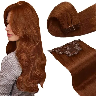 Immagine prodotto di Clip-in per extension di capelli naturali, lunghezza 45 cm, set da 7 pezzi, colore castano ramato, peso 105 grammi, 18 pollici