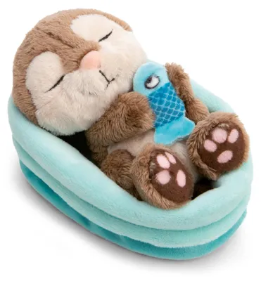 Produktbild von Kuscheltier Otter 12cm mit Fisch schlafend im Körbchen NICI 63122