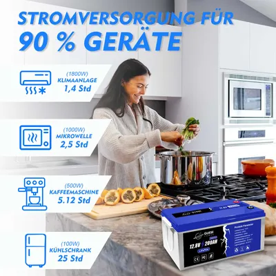 Produktbild von 12V 200Ah LiFePO4 Lithium Akku 2560Wh mit BMS, 4500+ Zyklen, 10 Jahre Lebensdauer für Wohnmobil, Boot & Solaranlage