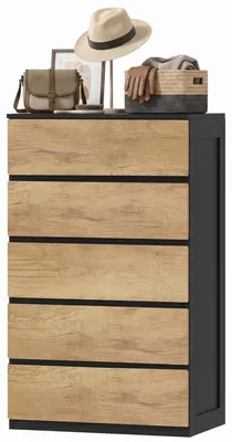 Produktbild von Holzkommode mit 5 Schubladen und geriffelten Griffen, 60 x 39 x 100 cm, Schwarz und Eiche