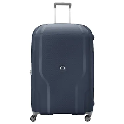 A studio shot of a blue suitcase.