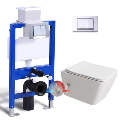 Produktbild von HOROW Komplett Vorwandelement Dusch WC Toilette Set - 82cm Unterputzspülkasten + Hänge Dusch WC Kalt-Warm Wasser + Rechteckig Chrome Drückplatte