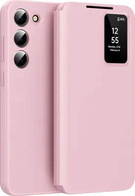 A pink flip case for a Samsung Galaxy S23 phone is shown with the smart view window displaying the time and date.