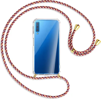 Produktbild von Handykette Backcover-Schutzhülle mit Band (Metall goldfarben) für Samsung Galaxy A7 2018 - weinrot/gelb/grau