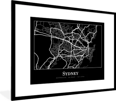 Produktbild von MuchoWow® Gerahmtes Poster Karte - Sydney - Stadtplan 80x60 cm - Poster mit Schwarzem Bilderrahmen Wandposter Rahmen Foto Bilder - Schlafzimmer-Dekorationen - Fotoposter