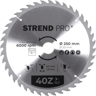 Image de Disque Strend Pro TCT 250x3.0x30/20 mm 40T, pour bois, lame de scie, plaquettes carbure