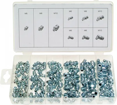 Produktbild von Schmiernippel Hydraulik Fettnippel Sortiment  M6 M8 M10 in gerade 45 90° 104-tlg