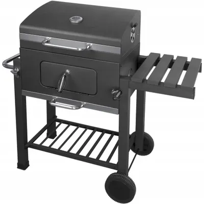 Image de Barbecue au charbon de bois - Barbecue sur chariot Charcoal XXL - Acier thermolaqué - Avec roulettes - Tablettes latérales - Tablette de rangement - 110 x 46 x 100 cm