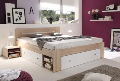 Produktbild von Doppelbett mit 2 Nachtkommoden STEFAN Bett Ehebett Schlafzimmer 180 x 200 cm Eiche Sonoma weiß Bettkasten