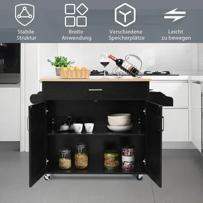 Immagine prodotto di Carrello da cucina in legno nero con cassetto e ripiano regolabile in altezza