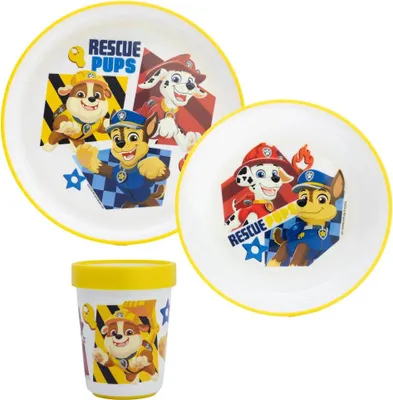 Produktbild von Paw Patrol Chase Rubble Kinder Geschirr-Set 3 teilig Becher Teller Schüssel