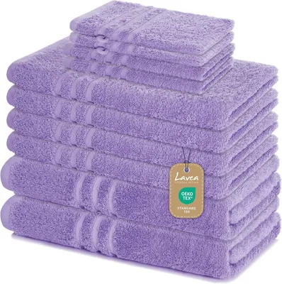 Produktbild von Lavea® Elena 10-teiliges Handtuch Set - 100% Baumwolle, 4x Handtuch + 2x Duschtuch + 2x Gästetuch + 2x Waschhandschuh, Bad & Gäste, Lavendel