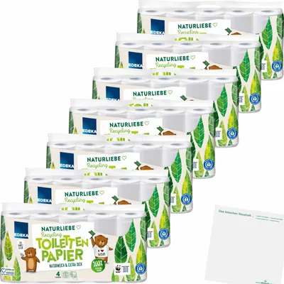 Produktbild von Edeka Recycling Toilettenpapier 4-lagig 7er Pack (70 Rollen x 200 Blatt) + usy Block