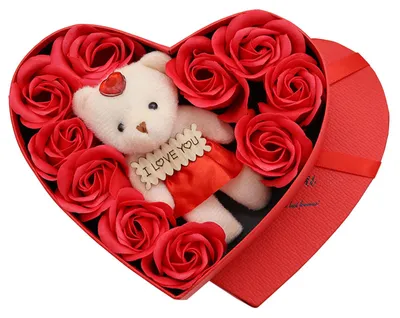 10 konservierte Rosen mit Plüschbär in Geschenkbox, romantisch