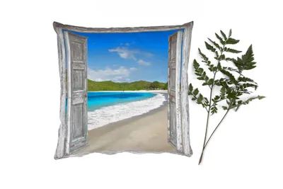 Produktbild von MuchoWow® Zierkissen Sofakissen Wohnzimmer Dekokissen 40x40 cm Meer - Tropen - Blick - Strand - Foto Kissen - Schlafzimmer Dekoration