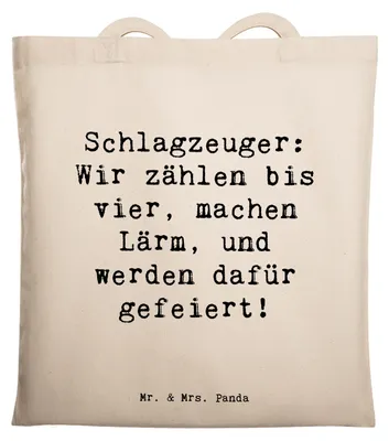 Produktbild von Mr. & Mrs. Panda Stoffbeutel Spruch Schlagzeuger Stolz - Transparent - Geschenk, Lernen, Band, Musiker, Musik, Laptoptasche, Tasche, Einkaufstasche, Konzert, Jutebeutel