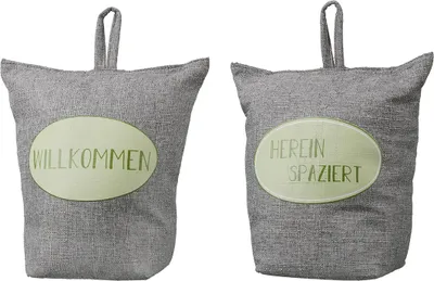 Imagen del producto de Topes de puerta Gilde, con el texto "Adelante", fabricados en tela, color gris. Dimensiones: 10 cm de largo, 20 cm de ancho, 20 cm de alto. Código: 50778. Número de piezas: 2 (variedad de 2 unidades)