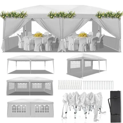 Produktbild von Faltpavillon 3x6m Pop-up Wasserdicht Winterfest Höhenverstellbar UV Schutz 50+ Stahlrahmen 6 Seitenteile Weiß