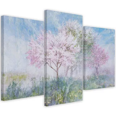 Image de Triptyque sur toile arbre en fleurs dans un pré 120x80 cm Feeby bleu tableau mural prêt à accrocher