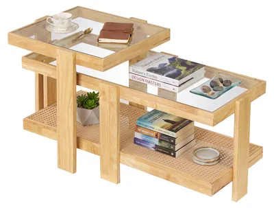 Immagine prodotto di KOMFOTTEU, set di 2 tavolini da caffè impilabili, realizzati in legno di gomma