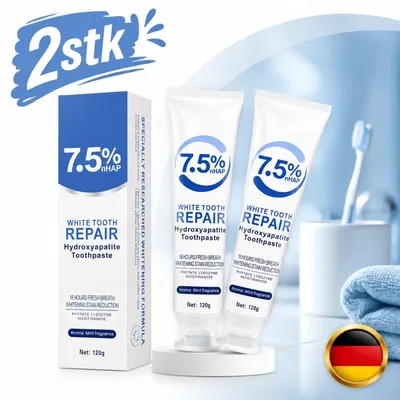 Immagine prodotto di 2 tubetti di dentifricio all'idrossiapatite, senza fluoruro. (Prodotto in Germania)