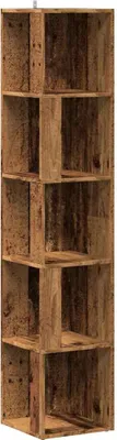 A tall, narrow corner shelf unit made of wood-look material.
