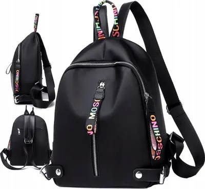 A black backpack is displayed with multiple views.