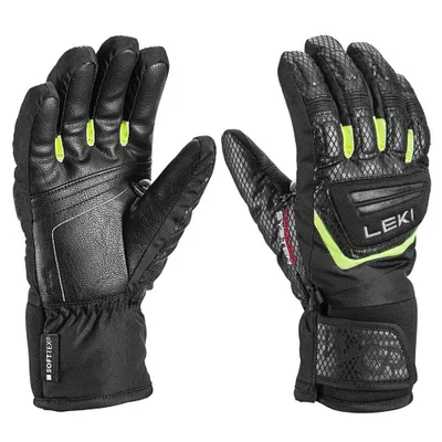 A pair of black ski gloves with neon green accents, shown from two different angles against a white background.