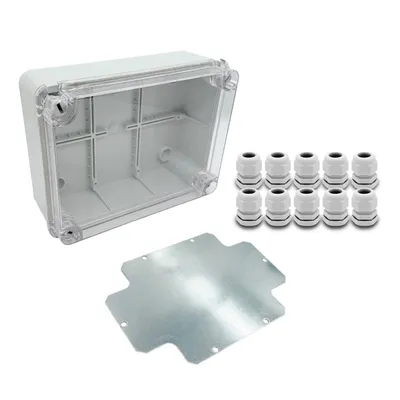 Produktbild von ARLI Set: Abzweigdose IP67 Sichttür Aufputz 190 x 145 x 80 mm inkl. Montageplatte + 10x Kabelverschraubungen M20 x 1,5 mm