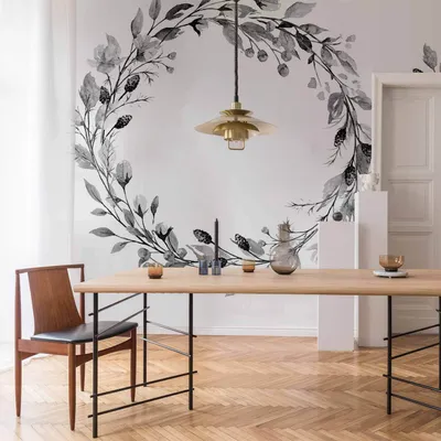 Produktbild von Vlies Fototapete - Romantic wreath - grey plant motif with leaves with rose pattern 350x256 cm Blumen b-C-10125-a-c