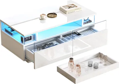 Image de Table basse de 90 × 45 × 35,5 cm avec plateau, table de salon à 2 tiroirs, table d'appoint en verre trempé, table basse avec éclairage LED