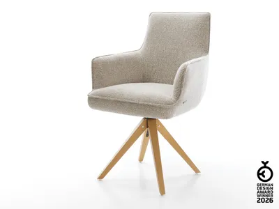 Produktbild von DELIFE Drehstuhl Heira-Flex mit Armlehnen Webstoff Soft Beige Holzgestell kantig Natur 360° drehbar Taschenfederkern