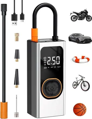 Image de Pompe à air électrique portable, 150 PSI, batterie externe de 4000 mAh, écran LCD et éclairage LED, pour vélos, motos, scooters et ballons.