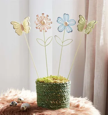 Produktbild von 4x Blumenstecker "Blume & Schmetterling" aus Metall, bunt, Dekostecker, Gartenstecker, Deko Stecker für Blumentopf, Beetstecker