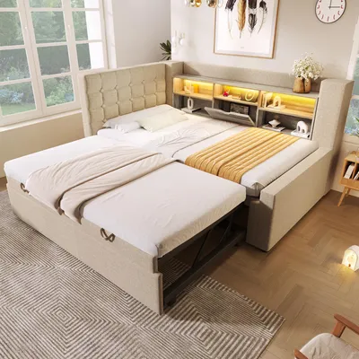 Produktbild von Flieks Schlafsofa 90x200cm mit Ausziehbett 90x190cm, Polsterbett mit Ladefunktion, Jugendbett Einzelbett mit Led und Stauraum, Leinen, Beige