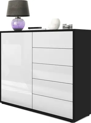 Produktbild von Vladon Sideboard Ben V2,  Germany, Kommode mit 1 Tür und 5 Schubladen, Schwarz matt/Weiß Hochglanz (79 x 74 x 36 cm)