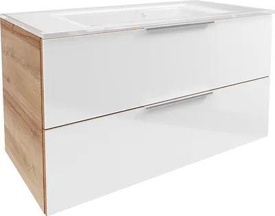 Produktbild von B.Brillant Waschbeckenunterschrank  inklusive weißem Waschbecken aus Glas  Hängend und Front aus lackiertem Glas  Badschrank in Weiß & Eiche (100 x 56 x 50 cm)