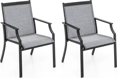 Two outdoor chairs are shown against a white background.