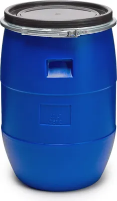 A blue plastic barrel with a black lid and metal clamp.