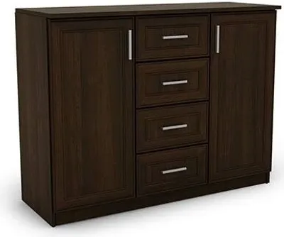 A dark brown wooden dresser with four drawers and two cabinet doors, shown from a front-facing angle against a white background.