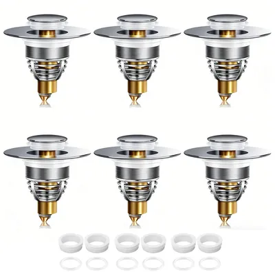 Produktbild von 8 Stück Edelstahl-Rückprall Kern Push-Typ Ablaufgarnitur Waschbecken, Waschbeckenstöpsel Abfluss Sieb, Abflussstopfen für Waschbecken Abfluss Aller Art mit 2 Dichtungen (Silbrig)