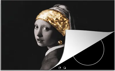 Produktbild von KitchenYeah© Herdabdeckplatte Mädchen mit Perlenohrring - Vermeer - Gold - Schwarz - Weiß , 80x52cm, Küche Deko, Glaskeramikkochfeld Herdabdeckung, Abdeckplatte fùr Kochfeld