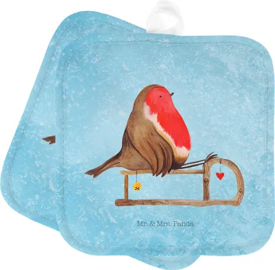 Produktbild von Mr. & Mrs. Panda Topflappen Rotkehlchen Schlitten - Eisblau - Geschenk, Weihnachten, Set, topfhalter, Kochlappen, Vogel, Topfuntersetzer, Ofenlappen