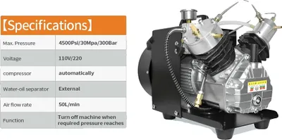 Zdjęcie produktu dla Sprężarka powietrza PCP, maksymalne ciśnienie 4500 PSI, przepływ powietrza 50 l/min, 220 V