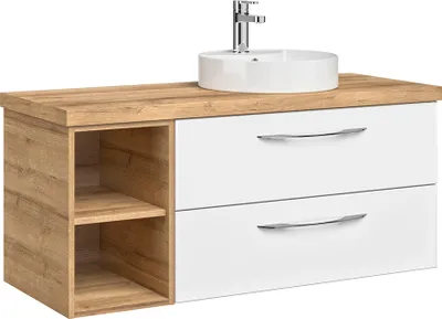 Produktbild von Einzelwaschtisch, 118cm, mit Keramik Waschbecken in weiß Glanz und Riviera Eiche Nb. VILLATORO-66, B/H/T ca. 118/61,2/44,5 cm